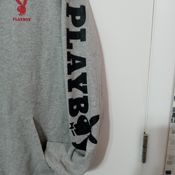 Playboy X PacSun pullover Logo Fleece Gray Hooded sweatshirt Kangaroo Pocket L - Picture 4 of 6